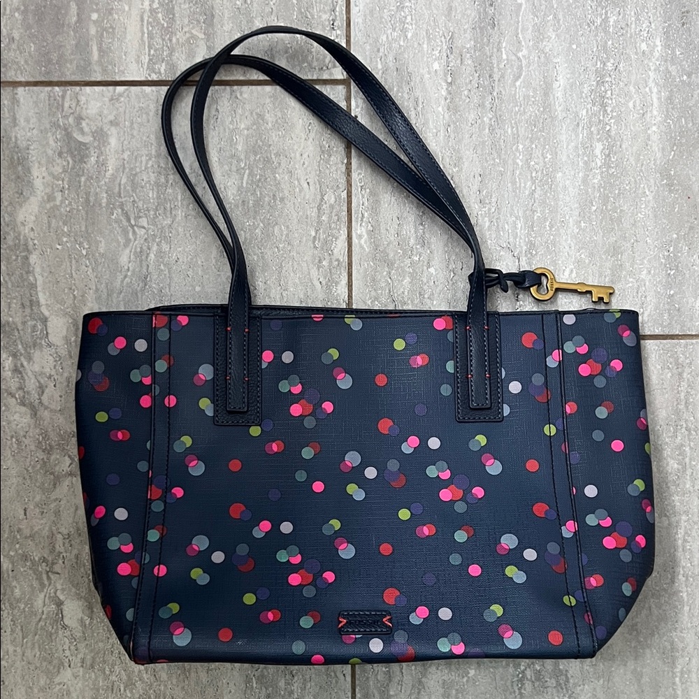 Stylish Navy Tote Bag with Colorful Dots